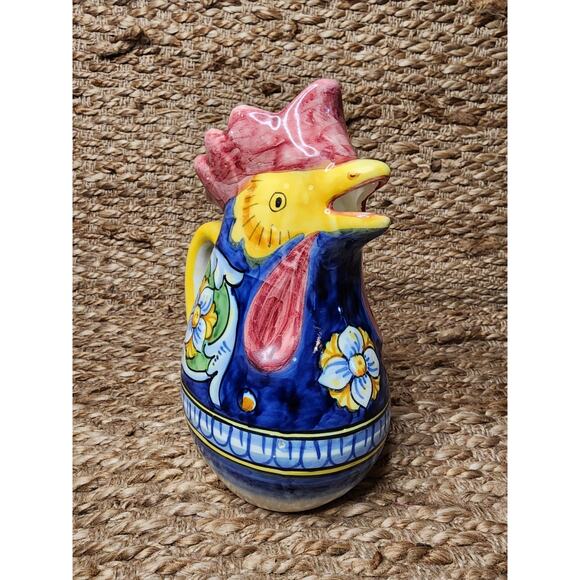 Pottery Majolica Rooster Pitcher Handmade Painted Italy Marked Dip. A Mano 9.5" - Picture 4 of 10